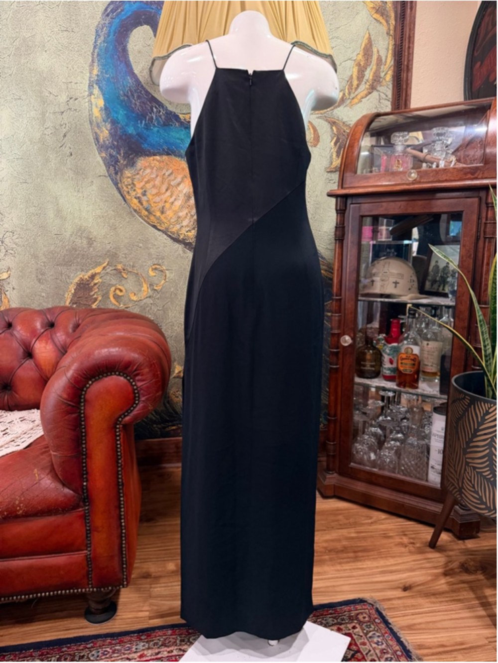 Adrianna Papell Evening Vintage Black Silk-Like Maxi Gown Minimalist Glam 8 - Picture 8 of 14